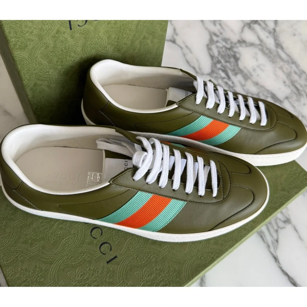Gucci G74 Leather Sneakers Olive Green Blue Orange Web Stripe 858981 Mens UK 9.5